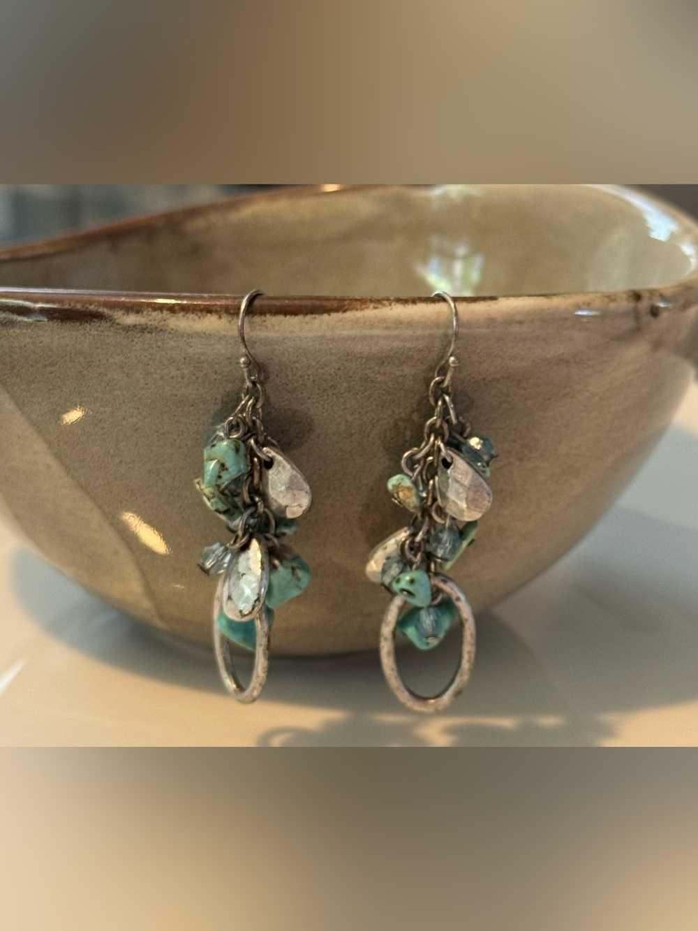 Turquoise Chips, Silver, Light Blue Cluster Dangle Earrings with Silver Accents